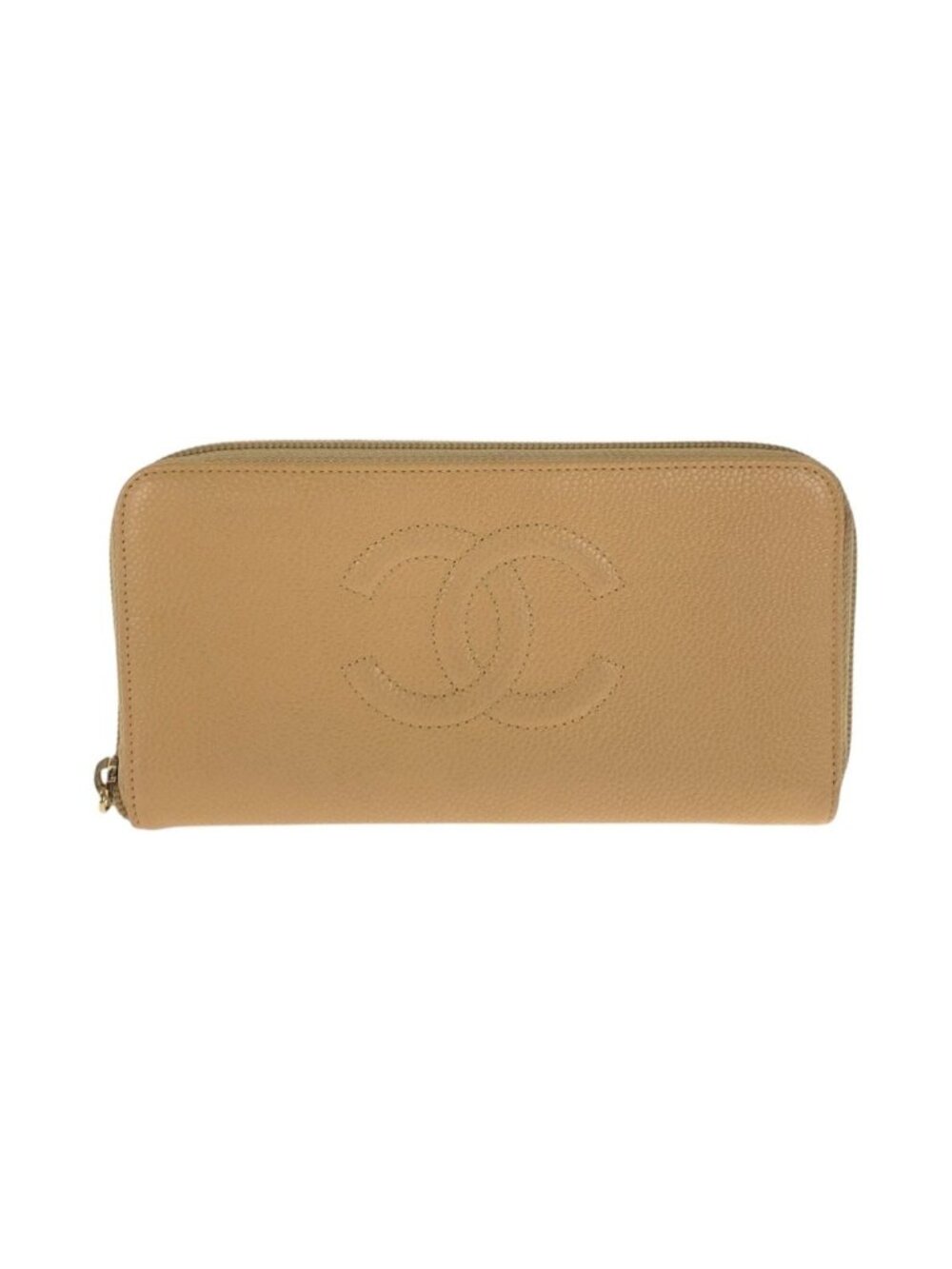 Chanel CC Logo Beige Gold Caviar Leather Wallet Zip Around